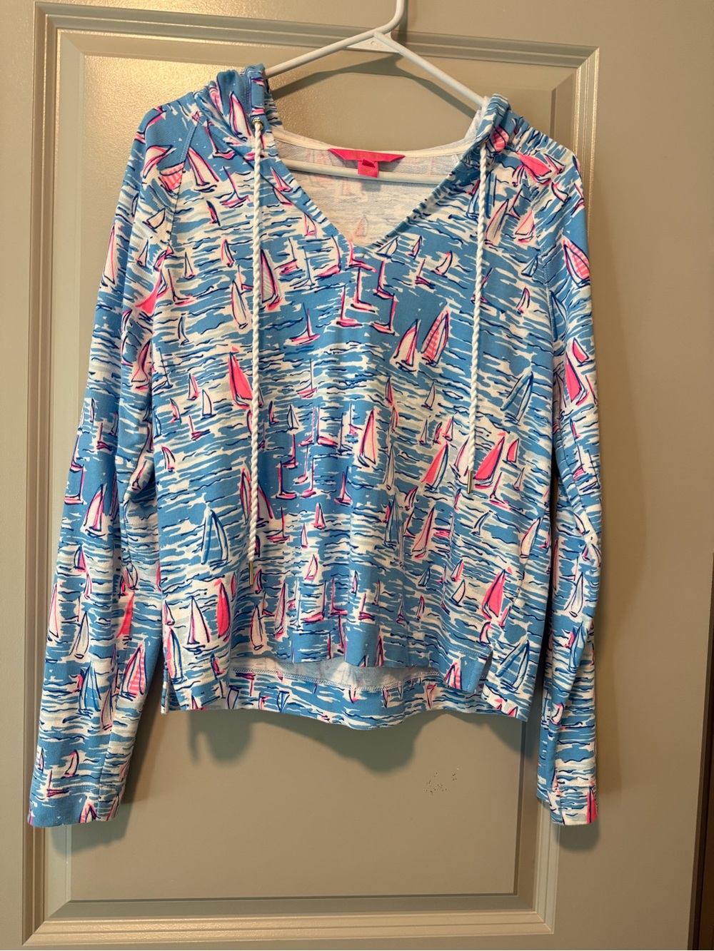 Lilly Pulitzer Blue & Pink Sailboat V-Neck Hoodie Sweater